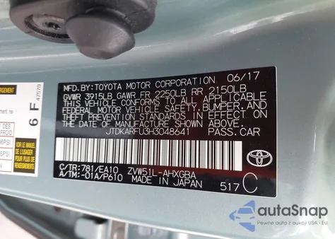 2017 Toyota Prius Four z USA, uszkodzony, nr VIN JTDKARFU3H3048641